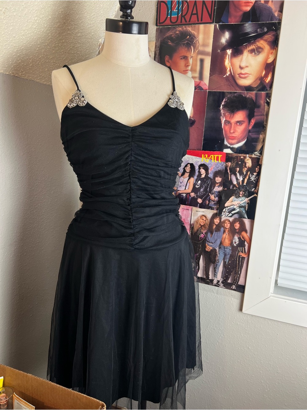 City Triangles Black Ruched Spaghetti Strap Mini Dress with Crystal Accents